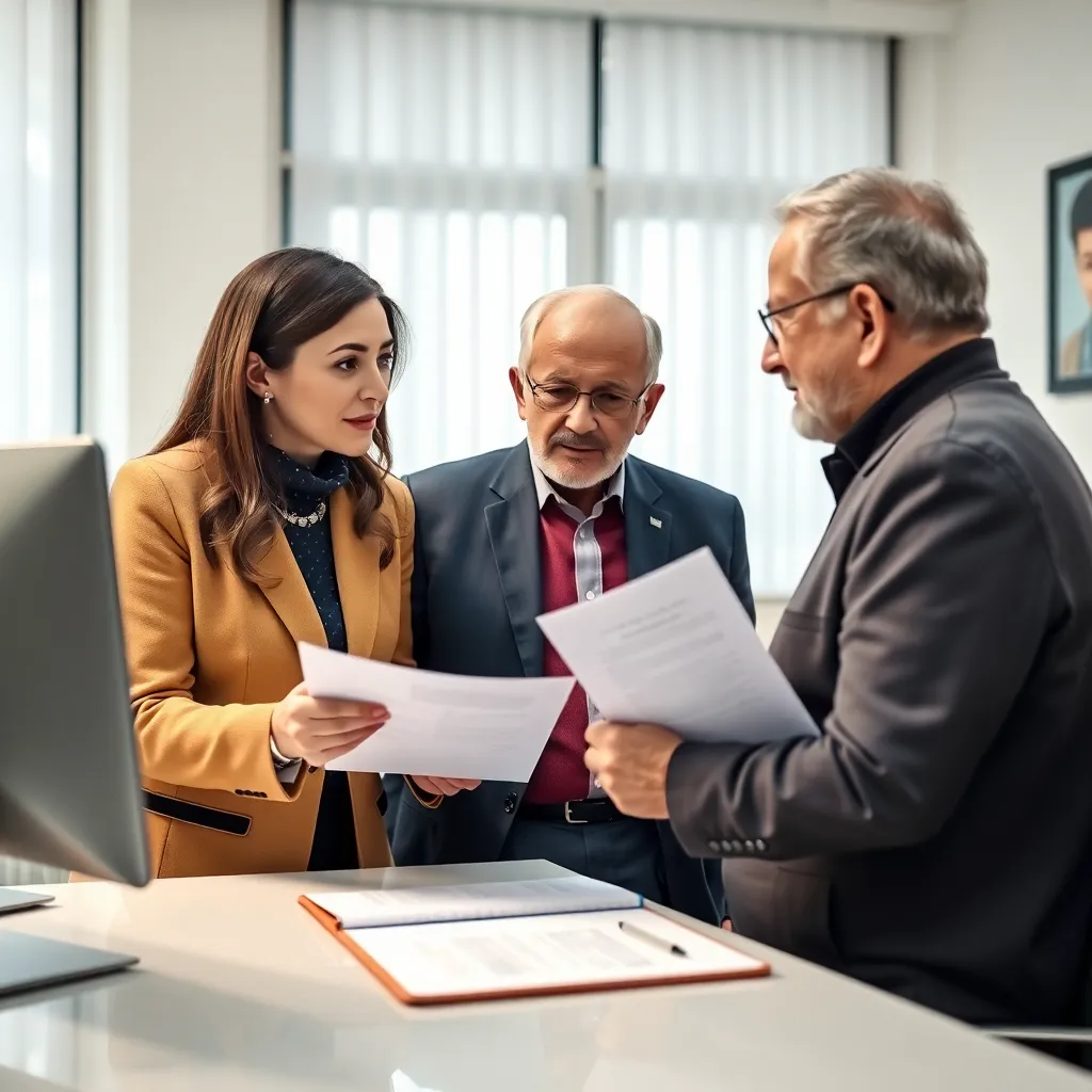 Консультант объясняет процесс получения социальных субсидий пожилой паре