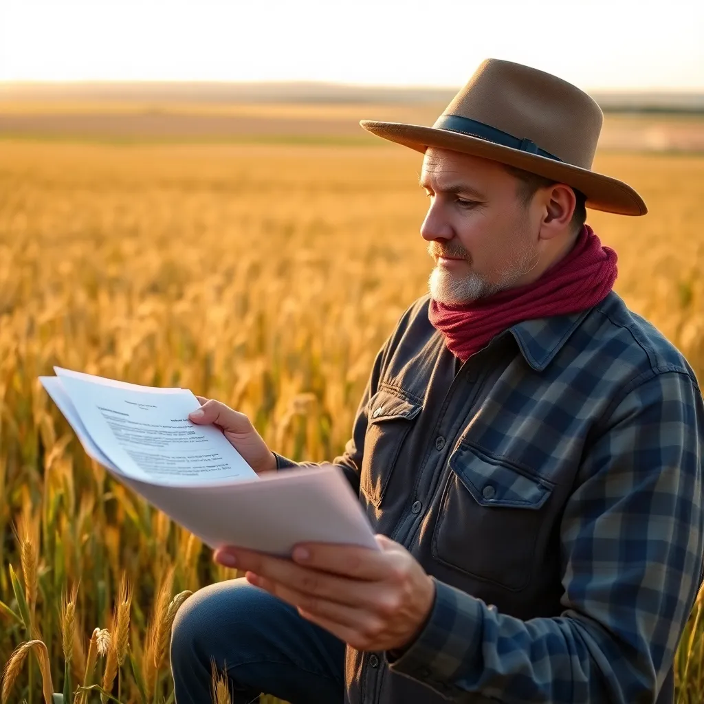 Фермер на сельскохозяйственном поле проверяет документы на субсидии
