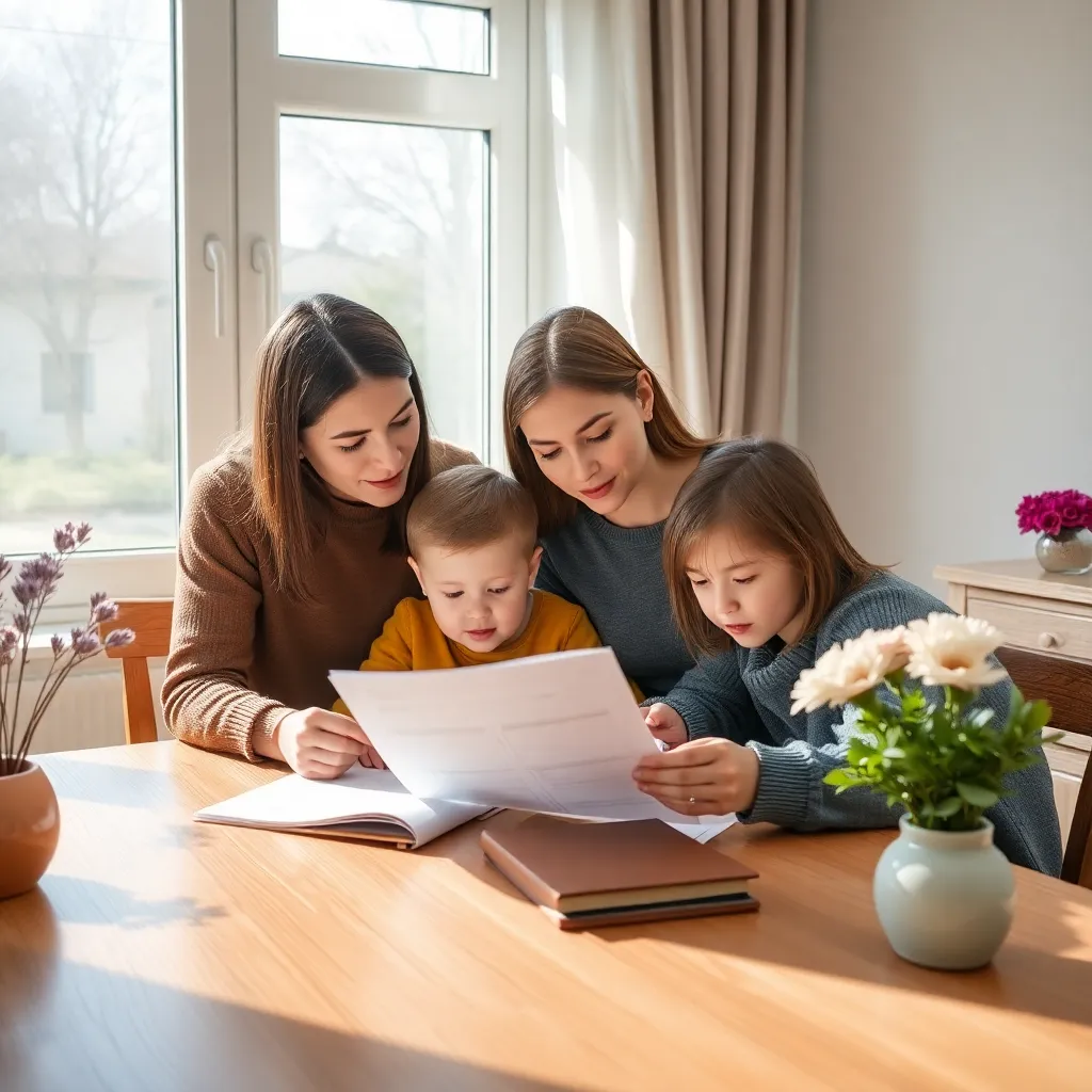 Семья изучает документы для получения субсидии