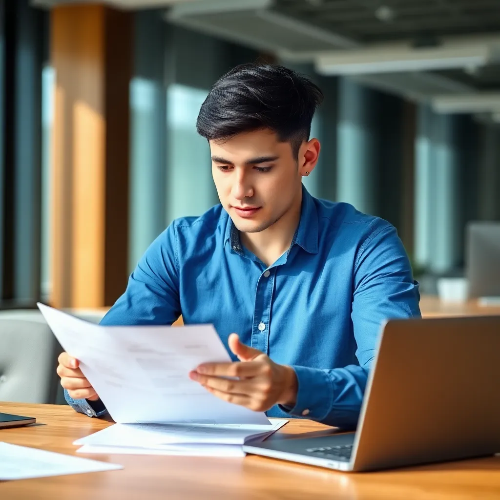 Молодой предприниматель работает с документами на бизнес-субсидии